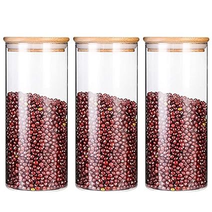 Dakshayanii 1400 ml Round Wooden Lid, Glass Jar Food Storage Containers Set, Airtight Food Jars with Kids Kitchen Canisters for Sugar, Candy, Cookie, Rice... - Koshbazaar - 