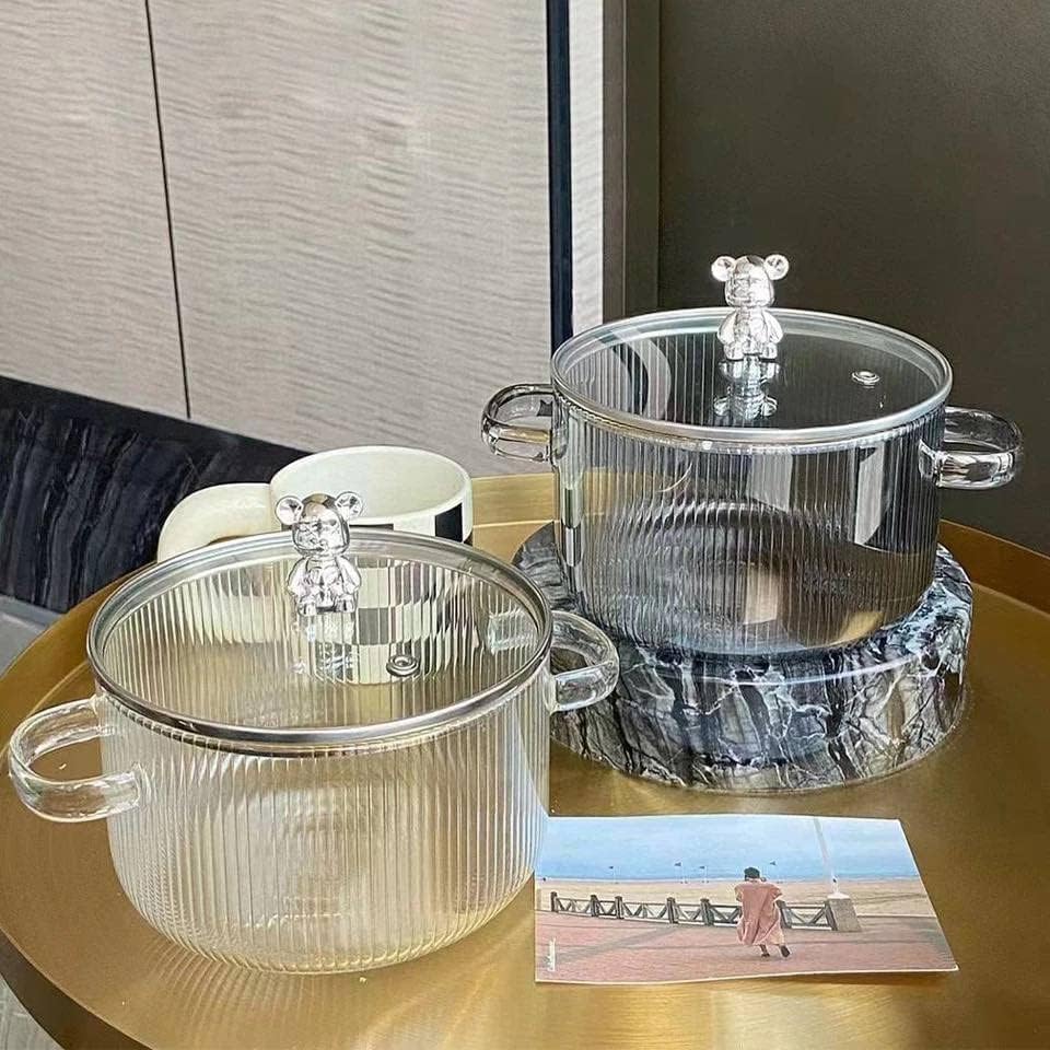 Dakshayanii 1.6L Heat - Resistant Stovetop Cooking Pot with Glass Lid, Clear Glass, High Borosilicate, Stew Soup Pot,cooking bowls for kitchen, Stew Soup Pot.. - Koshbazaar - 