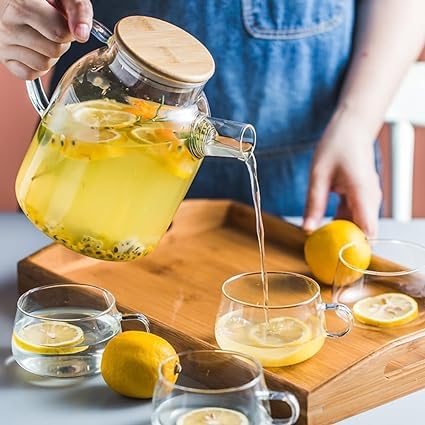 Dakshayanii 1.8L Glass Water Jug Pitcher with Wooden Lid for Iced Tea Juice Milk and Hot Cold Beverages Elegant Carafe for Home and Office - Koshbazaar - 