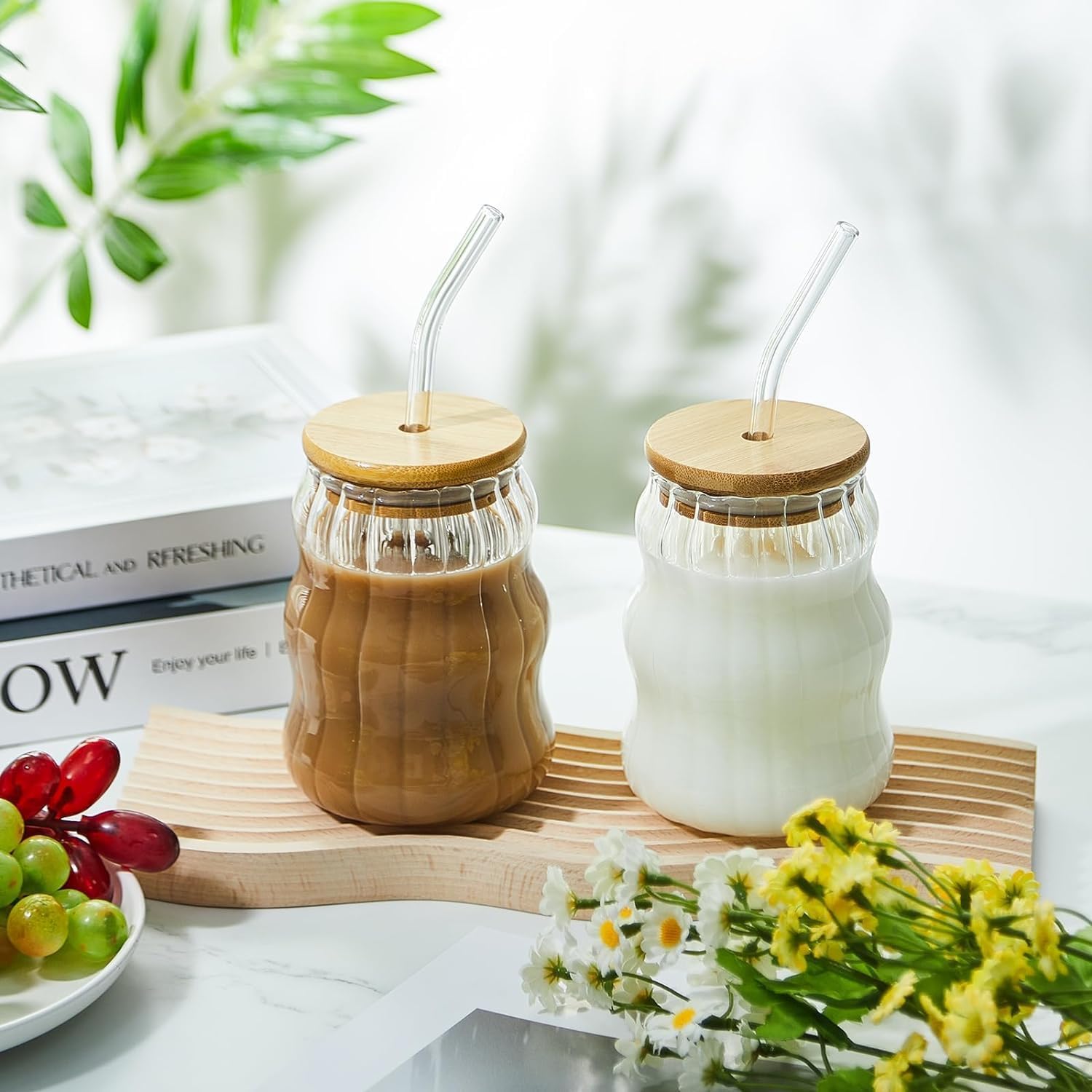 Dakshayanii 2 pcs Ribbed Glass Cups, 510ml Wave Shape Drinking Glass Cold Coffee Cups with Wood Lid and Straw - Enjoy Cold Brew for Iced Coffee, Juice, Beverage,... - Koshbazaar - 