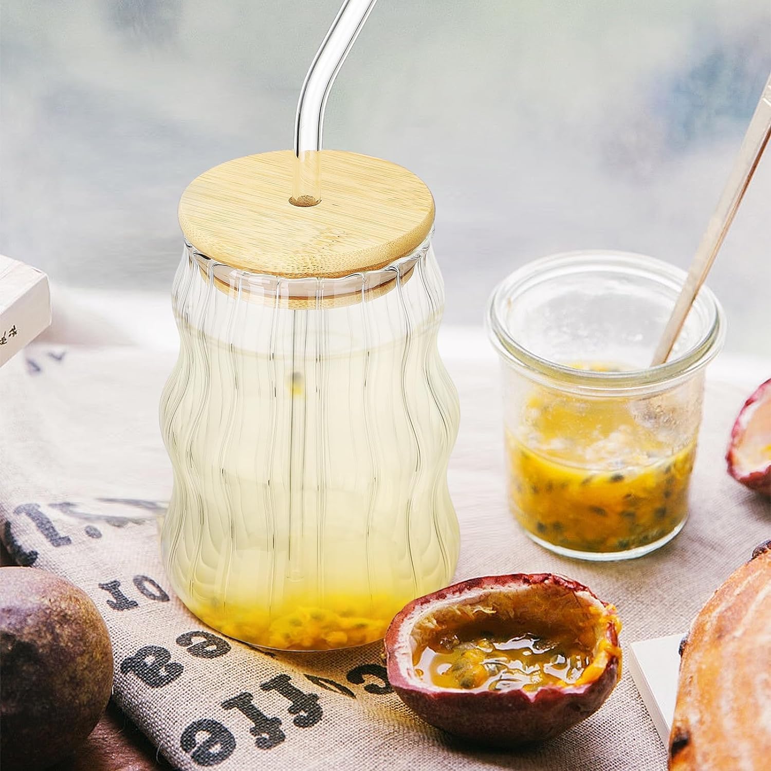 Dakshayanii 2 pcs Ribbed Glass Cups, 510ml Wave Shape Drinking Glass Cold Coffee Cups with Wood Lid and Straw - Enjoy Cold Brew for Iced Coffee, Juice, Beverage,... - Koshbazaar - 