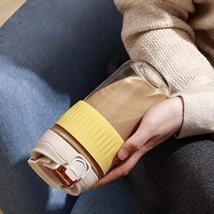 Dakshayanii 500ML Glass Coffee Mug with Lid and Straw Reusable Travel Mug with Silicone Sleeve Glass Water Bottle for Coffee and Beverages (Yellow) - Koshbazaar - 