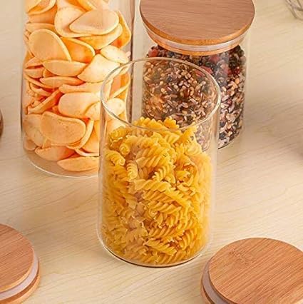 Dakshayanii Crystal Clear Round Shaped Glass Jar with Leak Proof Air Tight Bamboo Wooden Lid Storage jars (1050 ml, pack Of 6) - Koshbazaar - 