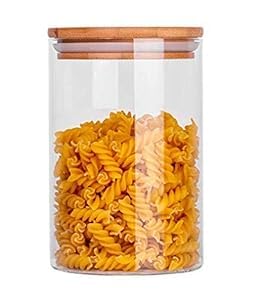 Dakshayanii Crystal Clear Round Shaped Glass Jar with Leak Proof Air Tight Bamboo Wooden Lid Storage jars (1050 ml, pack Of 6) - Koshbazaar - 