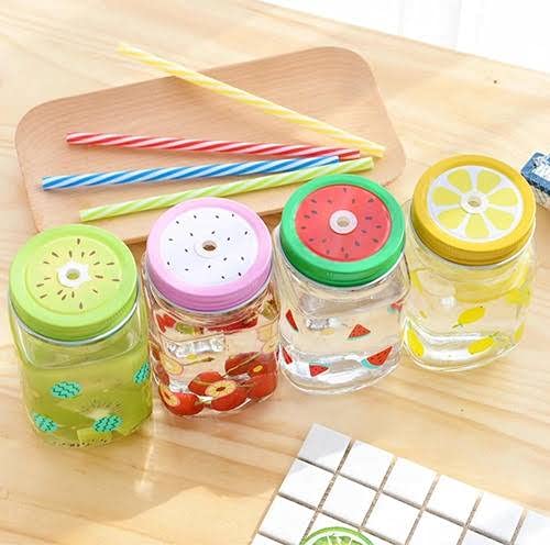 Dakshayanii Fruit Glass Mason Jar with Straw | Solid Container for All Beverages Soft Cold Drinks | Perfect for Everyday Drinking (Reusable Straw Free)... - Koshbazaar - 