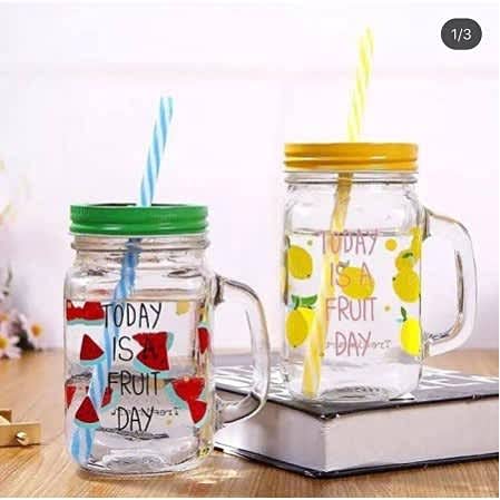 Dakshayanii Fruit Glass Mason Jar with Straw | Solid Container for All Beverages Soft Cold Drinks | Perfect for Everyday Drinking (Reusable Straw Free)... - Koshbazaar - 