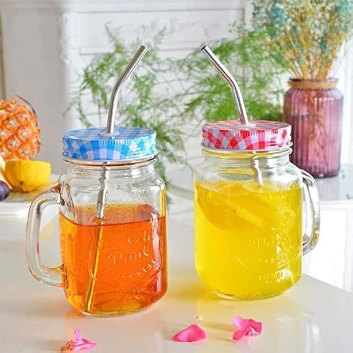 Dakshayanii Glass Mason Jar with Multi - Color Air - Tight Lids with Straw Mugs with Handle For Beverages, Fruit Juices On Party (450 ml) (Pack of 2) - Koshbazaar - 