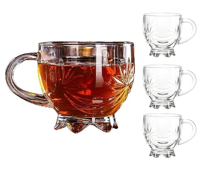 Dakshayanii Glass Tea Cup Set | 120 ml | Coffee Mugs with Handle Transparent Drinking Cup for Milk, Cappuccino, Hot Chocolate & Cold Beverages (Set of 4) - Koshbazaar - 
