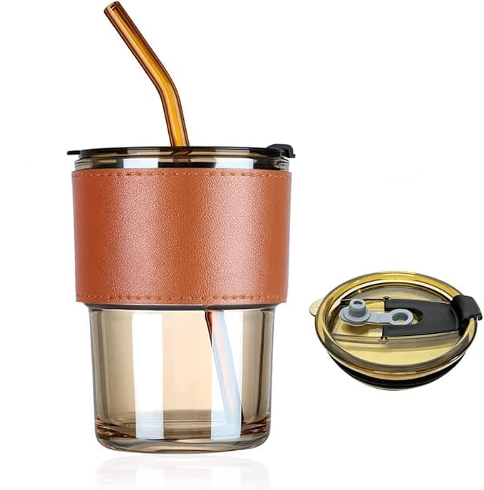 Dakshayanii Glass Tumbler with Anti - Slip Leather Sleeve - 435ml, Drinking Coffee Sipper Lid and Glass Straw for Iced Tea,Smoothie, Cocktail Juice, Milk,... - Koshbazaar - 
