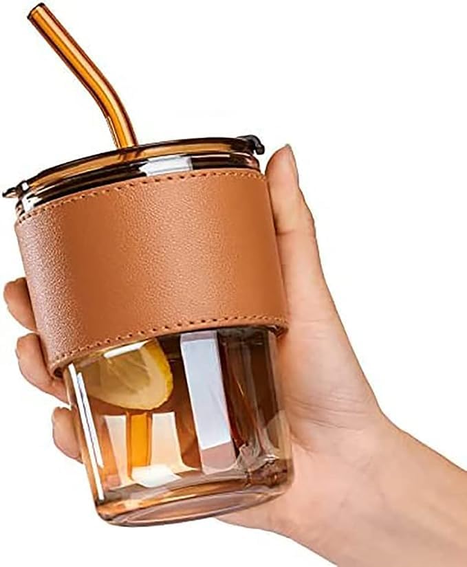 Dakshayanii Glass Tumbler with Anti - Slip Leather Sleeve - 435ml, Drinking Coffee Sipper Lid and Glass Straw for Iced Tea,Smoothie, Cocktail Juice, Milk,... - Koshbazaar - 