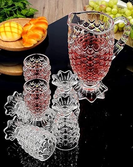 Dakshayanii Pineapple Design Crystal Glass Water Juice Jug with Glasses | 1 Jug with 6 Glasses Set for Drink | Stylish Crystal Desire Lemon Juice Water Jug... - Koshbazaar - 