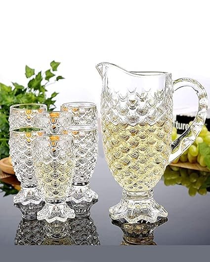 Dakshayanii Pineapple Design Crystal Glass Water Juice Jug with Glasses | 1 Jug with 6 Glasses Set for Drink | Stylish Crystal Desire Lemon Juice Water Jug... - Koshbazaar - 