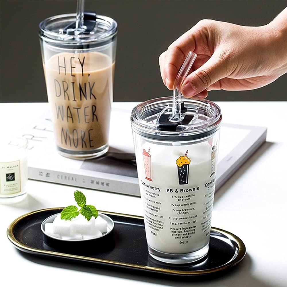 Dakshayanii Random Design, Cartoon Pattern,Creative Multipurpose Drinking Glass Measuring Mug/Cup with Silicone Straw and Lid Drink for Milk,Tea,Coffee,Juice... - Koshbazaar - 