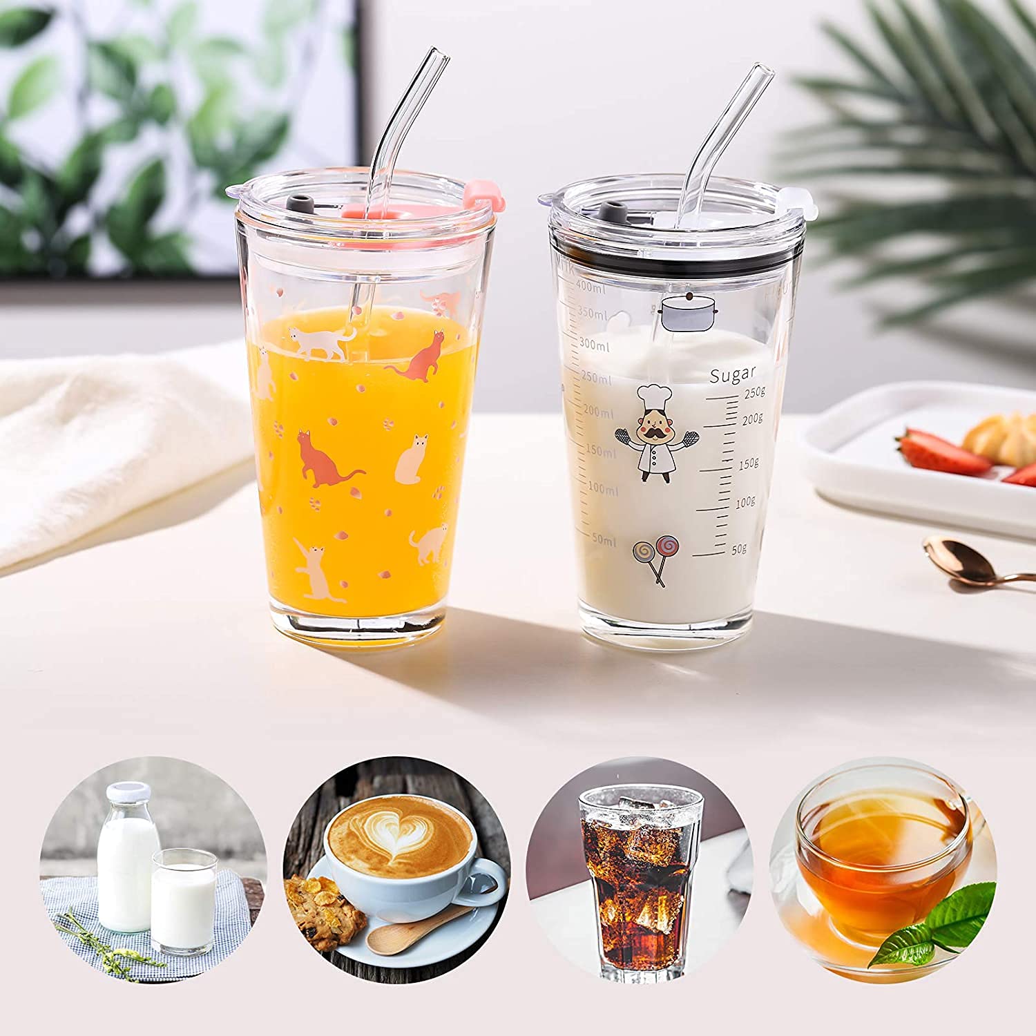 Dakshayanii Random Design, Cartoon Pattern,Creative Multipurpose Drinking Glass Measuring Mug/Cup with Silicone Straw and Lid Drink for Milk,Tea,Coffee,Juice... - Koshbazaar - 