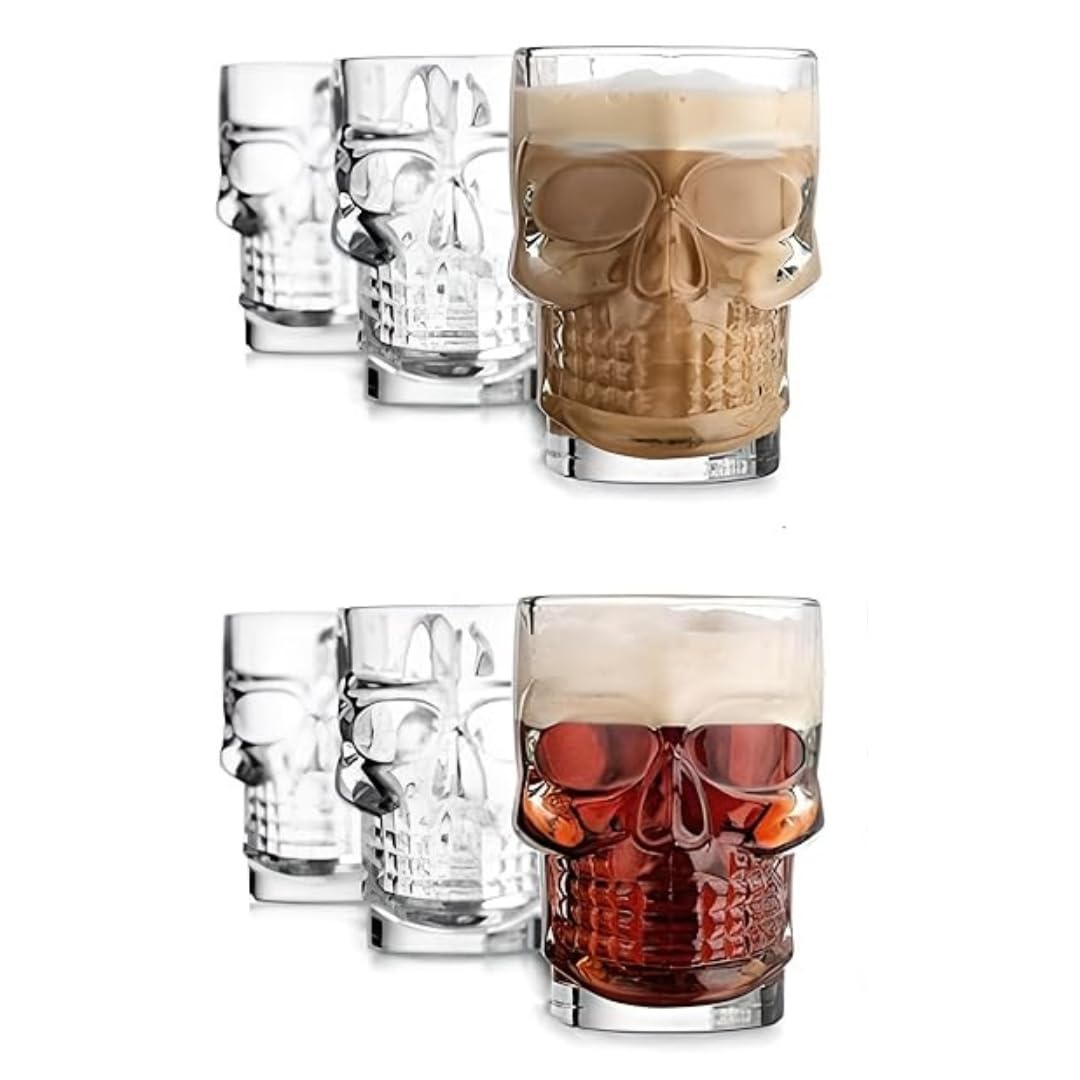 Dakshayanii Skull Face Beer Mug Drinking Glasses with Handle Heavy Base Funny Beer Cup Clear Drinking Glasses for Whisky Wine Juice - 520ml, (Set of 6) - Koshbazaar - 