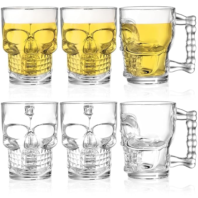 Dakshayanii Skull Face Beer Mug Drinking Glasses with Handle Heavy Base Funny Beer Cup Clear Drinking Glasses for Whisky Wine Juice - 520ml, (Set of 6) - Koshbazaar - 