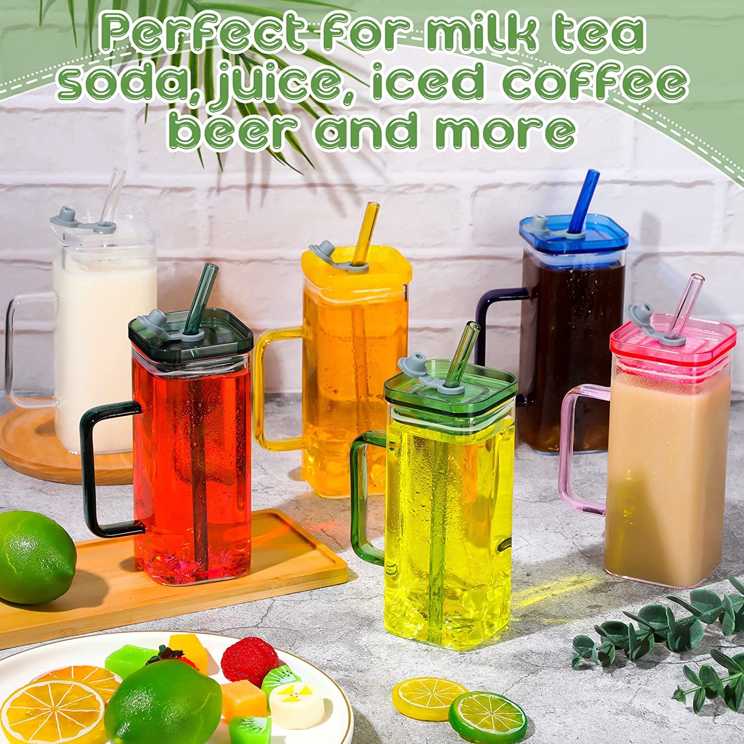 Dakshayanii Square Glass Mugs with Colored Handle Pack of 1, Drinking Glasses Tumbler with Lids and Straws Iced Coffee Cups, 400ml Wide Mouth Sipper for Home... - Koshbazaar - 