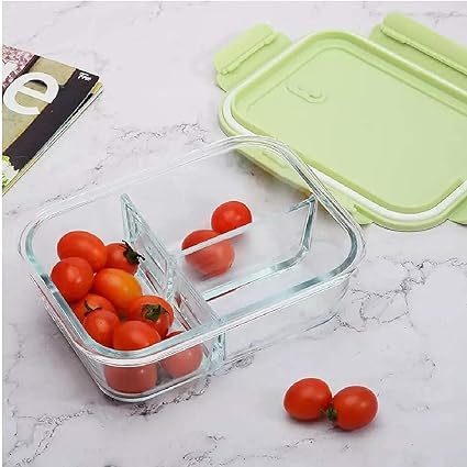 Dakshayanii Standard Glass Lunch Box Microwave Oven Safe Food Containers Tiffin, 1000 ML 3 Partition/Compartment Lunch Box t with Clamp Plastic Lid Proof... - Koshbazaar - 