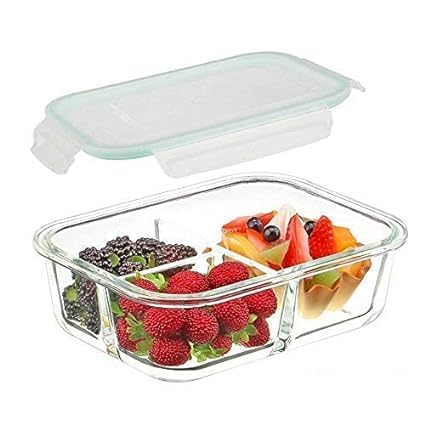 Dakshayanii Standard Glass Lunch Box Microwave Oven Safe Food Containers Tiffin, 1000 ML 3 Partition/Compartment Lunch Box t with Clamp Plastic Lid Proof... - Koshbazaar - 